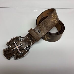 JUSTIN Distressed Leather Western Belt Rhinestone Buckle Y2K Size 32